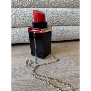 Novelty Red Lipstick Tube Acrylic Box Clutch Crossbody Bag Black Gold Chain